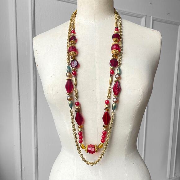 Vintage Maya Evangelista Signed Glass Acrylic Bead Statement Necklace Dble Layer - Picture 2 of 5